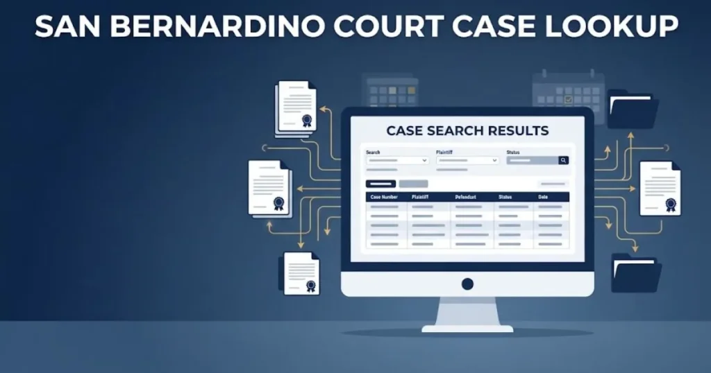 Digital search interface illustration titled san bernardino court case lookup with legal document icons in navy and gold