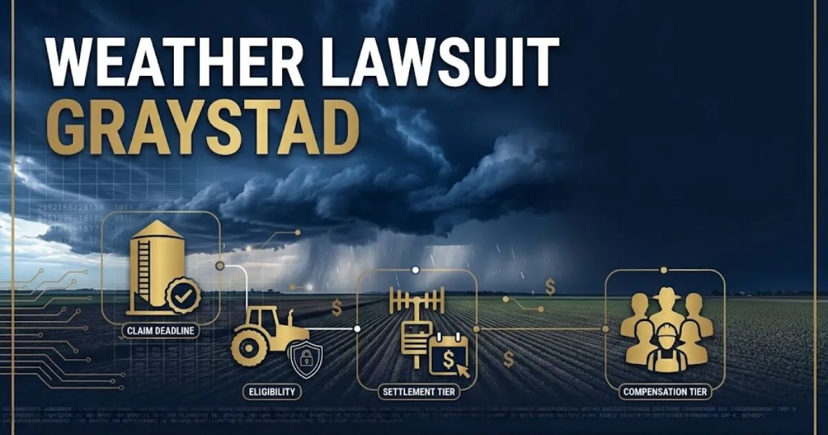 Dramatic stormy farmland banner with bold text reading weather lawsuit graystad over dark hail clouds and North Dakota fields