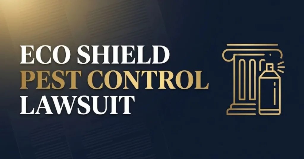 Eco shield pest control lawsuit 2026 banner showing courthouse and pest control icon on navy background.