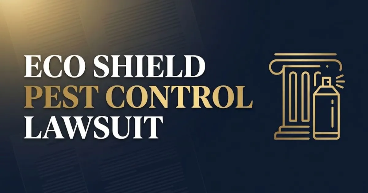 Eco shield pest control lawsuit 2026 banner showing courthouse and pest control icon on navy background.