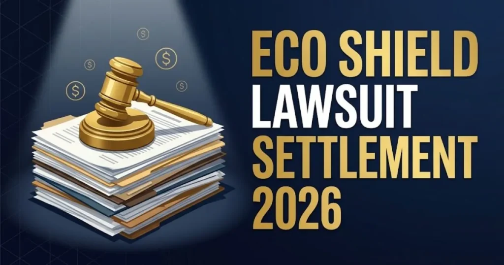 Eco shield pest control lawsuit settlement graphic with gavel, documents, and payout icons in gold and navy.