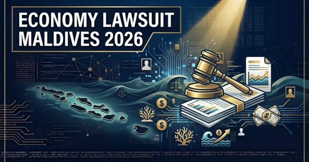Economy lawsuit Maldives 2026 supporting graphic with courtroom gavel, financial documents, and climate data icons