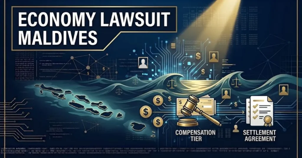 Economy lawsuit Maldives hero banner showing submerged island silhouettes with legal scales and bold headline text
