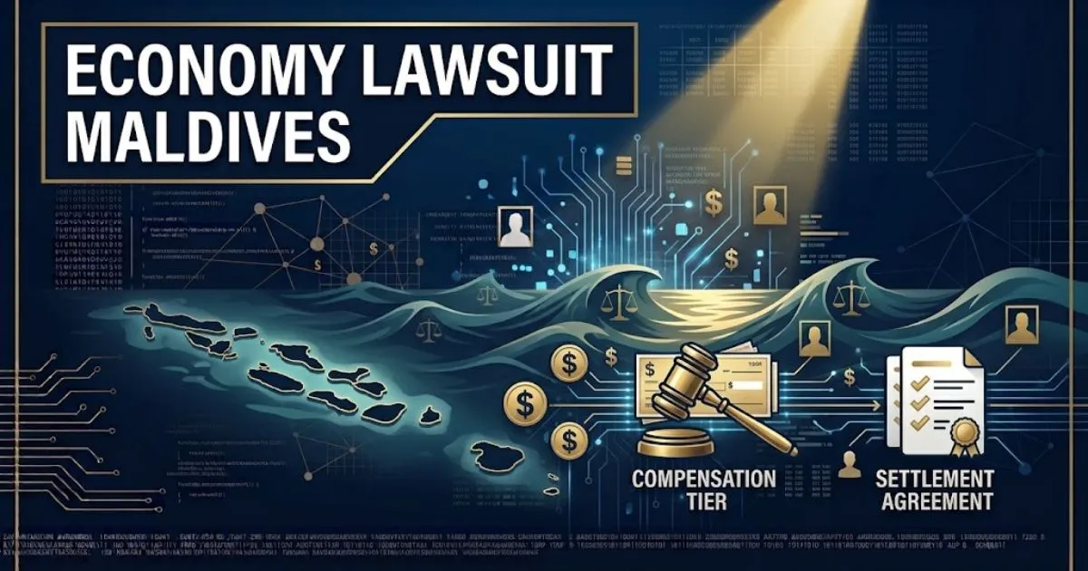 Economy lawsuit Maldives hero banner showing submerged island silhouettes with legal scales and bold headline text