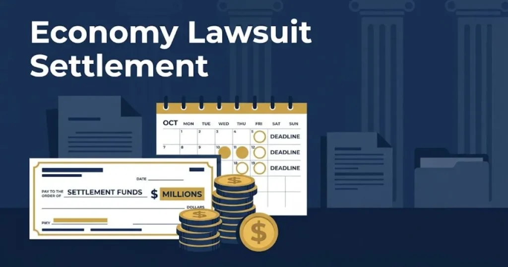 Economy lawsuit settlement graphic showing check and deadline calendar in navy and gold