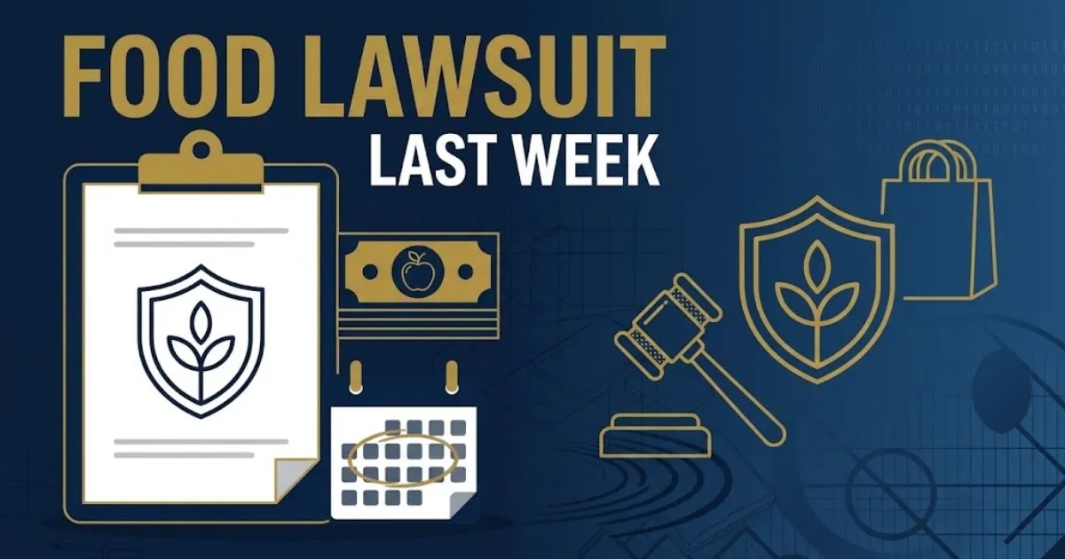 Editorial banner displaying food lawsuit last week headline with legal icons on navy blue background