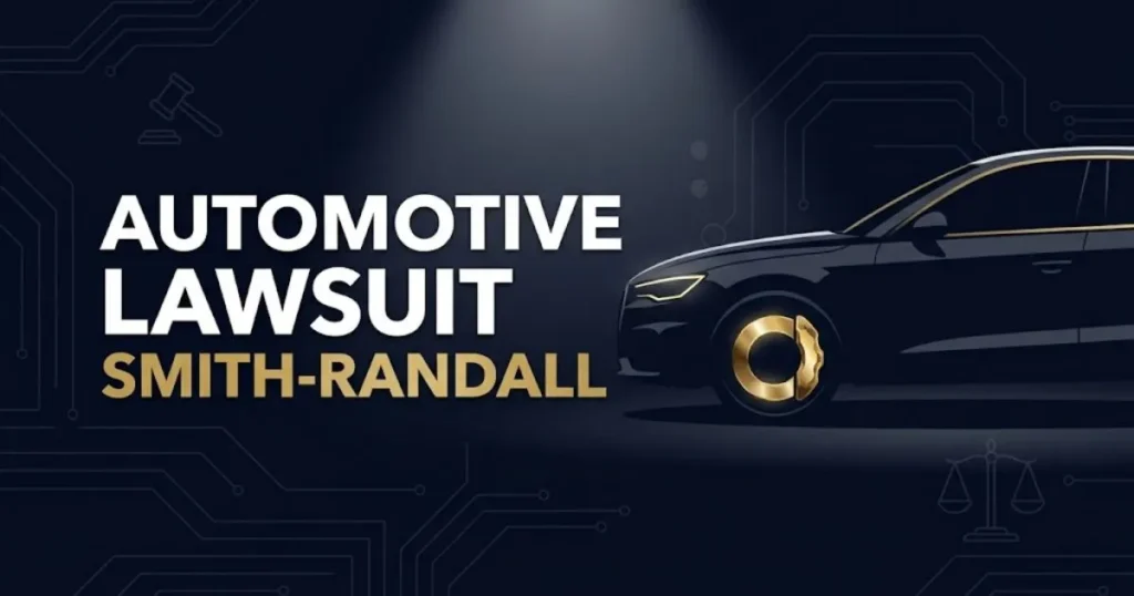 Editorial banner for automotive lawsuit smith-randall featuring a vehicle silhouette with brake highlights on navy background