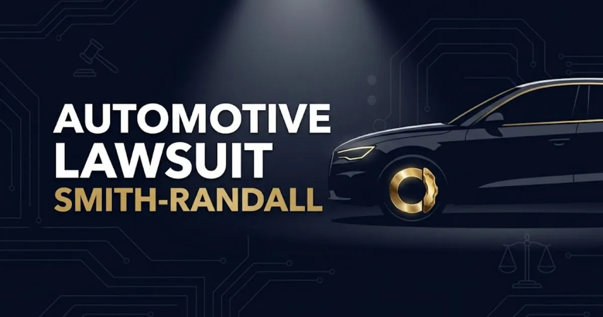 Editorial banner for automotive lawsuit smith-randall featuring a vehicle silhouette with brake highlights on navy background
