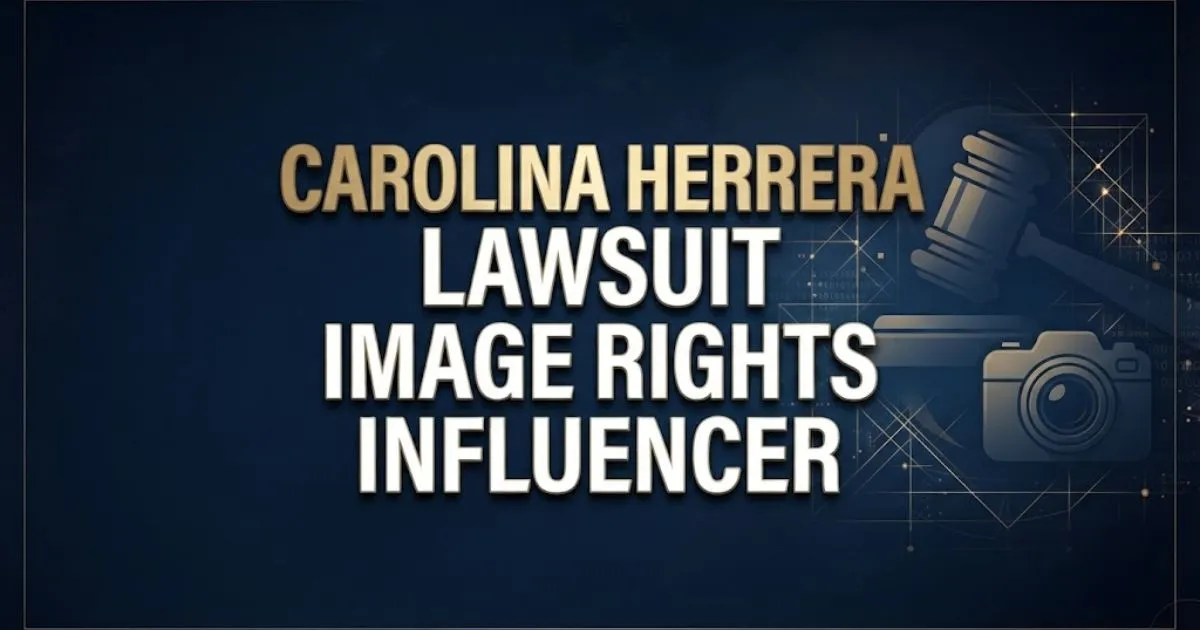 Editorial banner for carolina herrera lawsuit image rights influencer with legal symbols on navy background