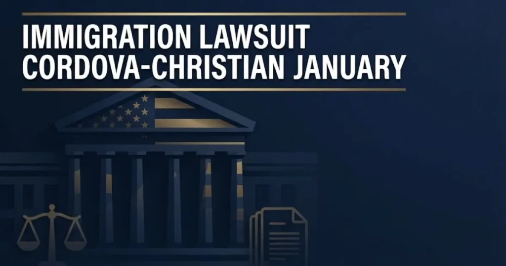 Editorial banner for immigration lawsuit cordova-christian january with courthouse silhouette and legal scales on navy background