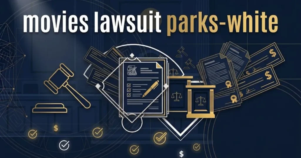 Editorial banner for movies lawsuit parks-white showing navy courtroom theme with gold legal icons and bold white headline text