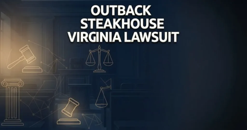 Editorial banner for outback steakhouse virginia lawsuit with gavel and scales of justice on navy background