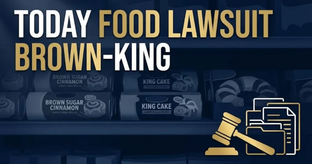 Editorial banner for today food lawsuit brown-king with gavel icon and grocery shelf background in navy and gold