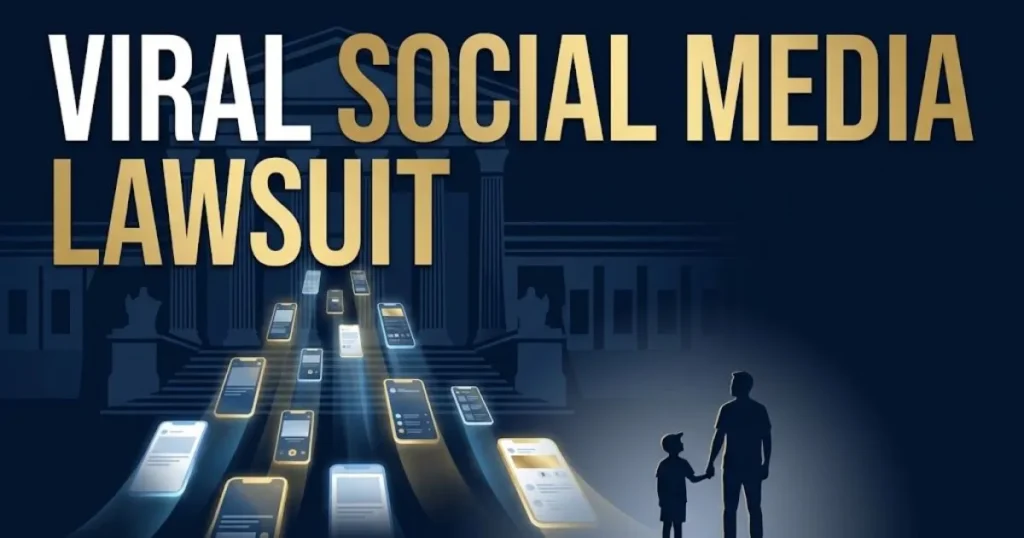 Editorial banner for viral social media lawsuit with courthouse and smartphone silhouettes in navy and gold