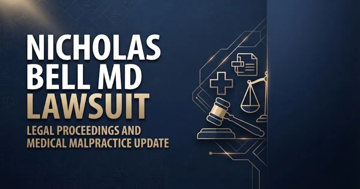 Editorial banner graphic for nicholas bell md lawsuit with legal and medical symbols on navy background