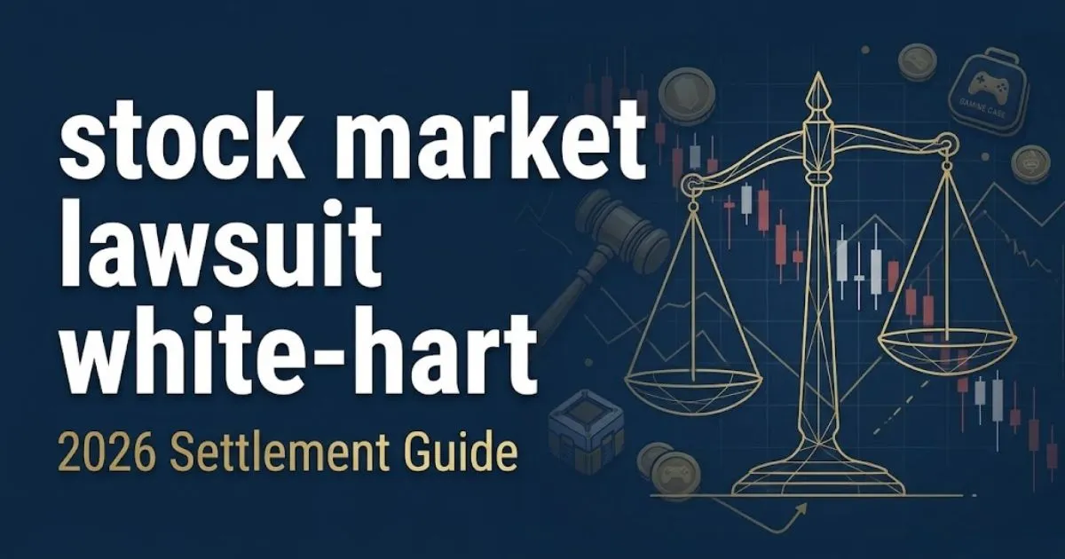 Editorial banner reading stock market lawsuit white-hart with gold legal scales and declining stock chart graphics on navy background