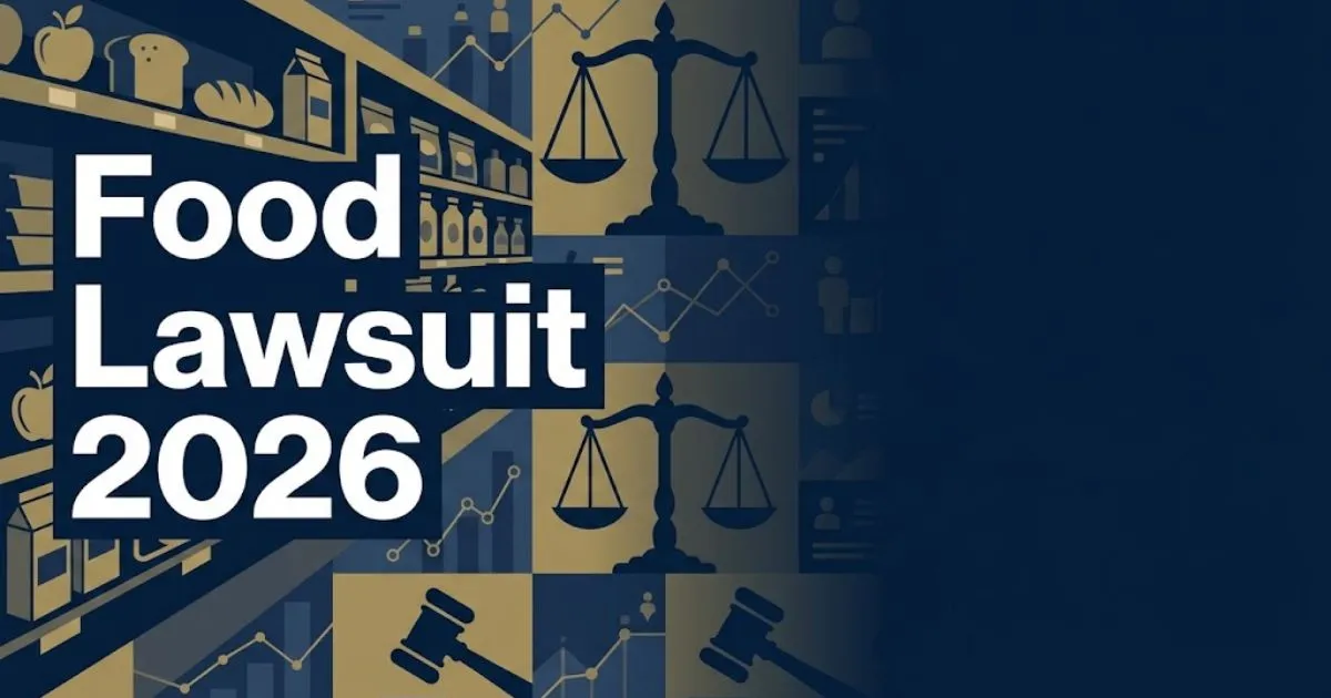 Editorial banner showing Food Lawsuit 2026 headline with legal scales and grocery imagery in navy and gold tones