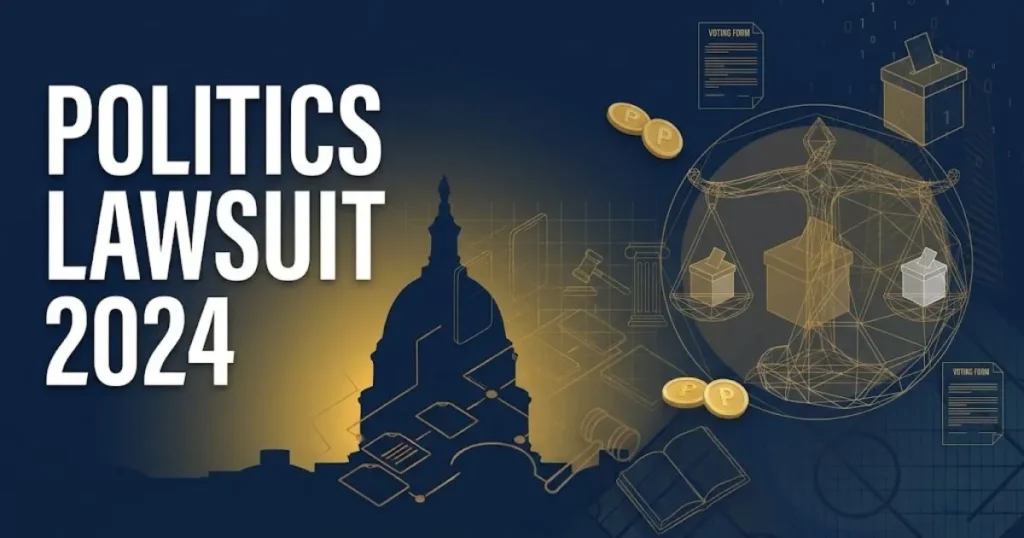 Editorial banner showing Politics Lawsuit 2024 headline over stylized Capitol dome silhouette in navy and gold tones
