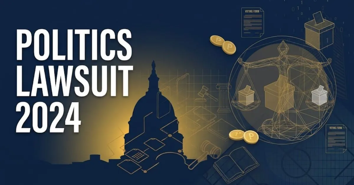 Editorial banner showing Politics Lawsuit 2024 headline over stylized Capitol dome silhouette in navy and gold tones