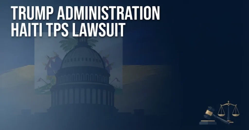 Editorial banner showing Trump Administration Haiti TPS Lawsuit headline with Capitol silhouette and scales of justice in navy and gold