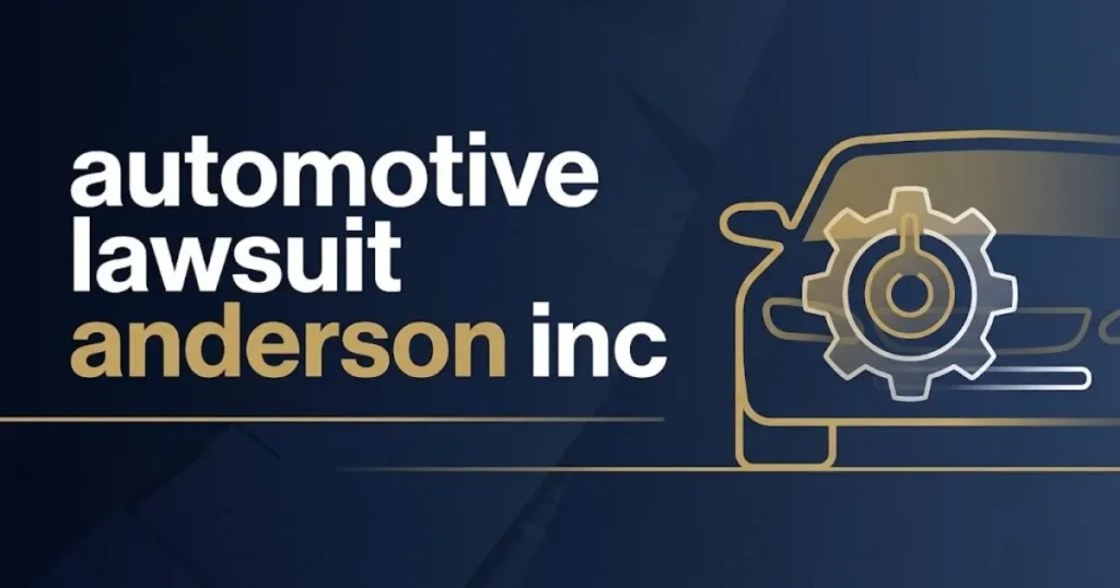 Editorial banner showing automotive lawsuit anderson inc headline with vehicle and gear icon on navy background