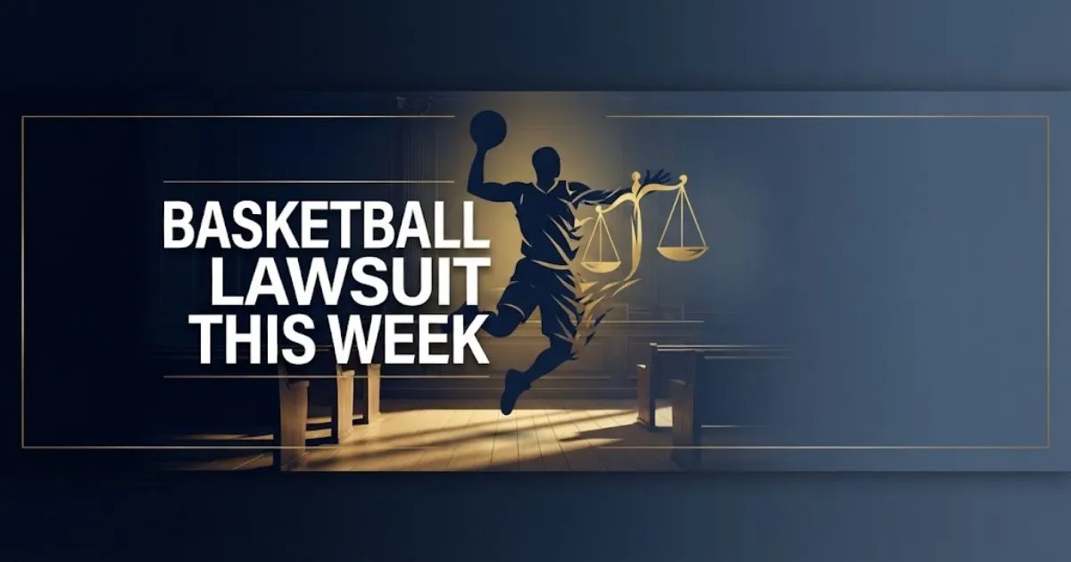 Editorial banner showing basketball lawsuit this week headline with courtroom silhouette and scales of justice in navy and gold tones