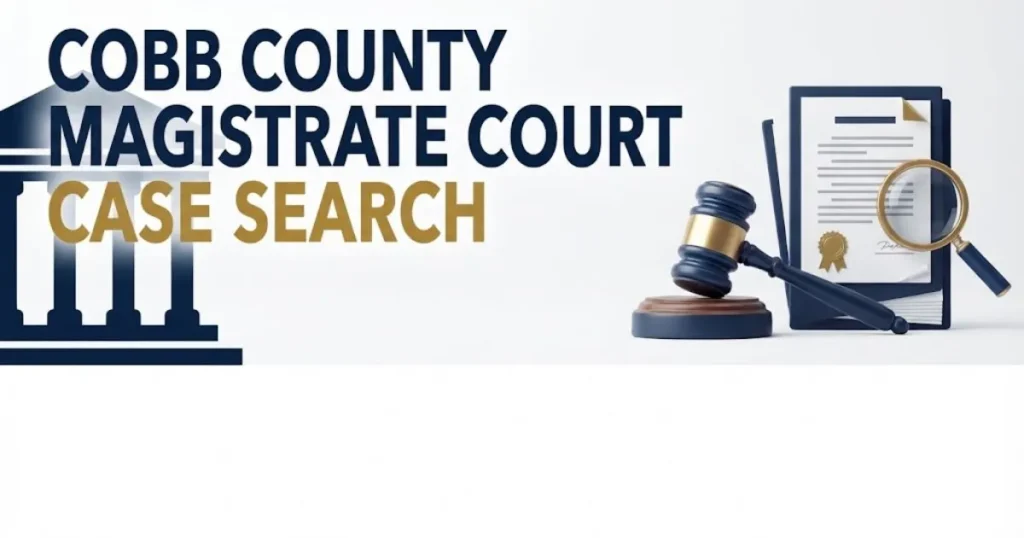Editorial banner showing cobb county magistrate court case search headline with abstract courthouse and legal icons in navy and gold