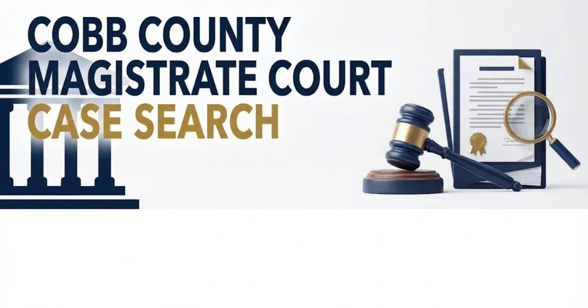 Editorial banner showing cobb county magistrate court case search headline with abstract courthouse and legal icons in navy and gold