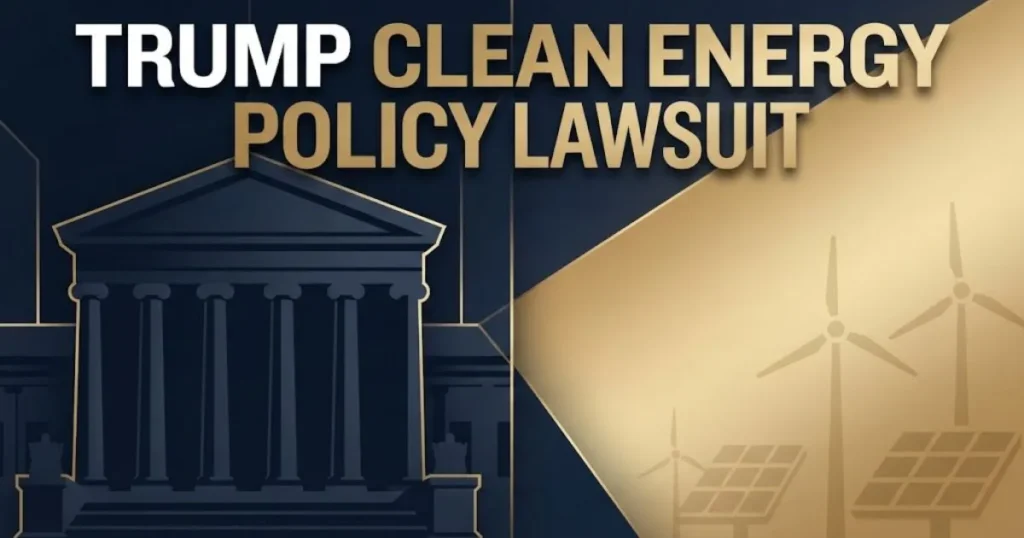 Editorial banner showing courthouse and clean energy icons with trump clean energy policy lawsuit headline in navy and gold