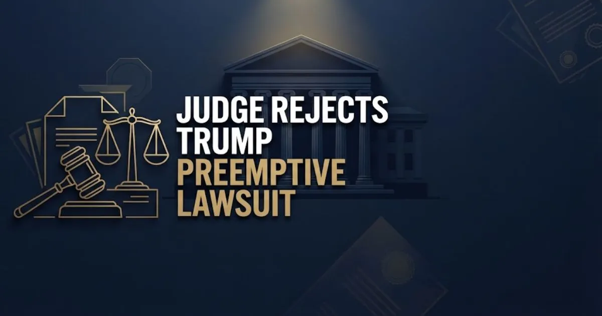 Editorial banner showing courthouse silhouette with text judge rejects trump preemptive lawsuit in navy and gold