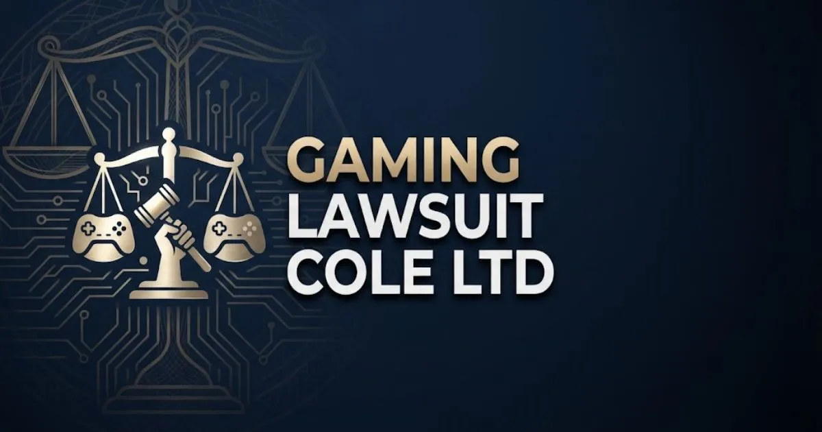 Editorial banner showing gaming lawsuit cole ltd headline with game controller and gavel icons on navy background
