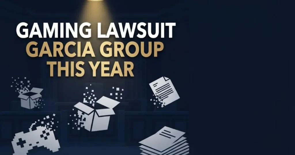 Editorial banner showing gaming lawsuit garcia group this year headline over dark navy courtroom and gaming icons