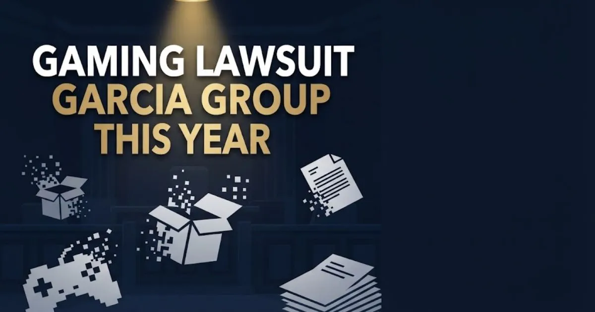 Editorial banner showing gaming lawsuit garcia group this year headline over dark navy courtroom and gaming icons