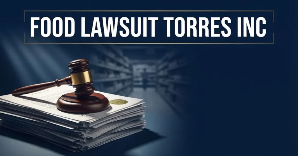 Editorial banner showing gavel and legal documents with food lawsuit torres inc headline text in white on navy background