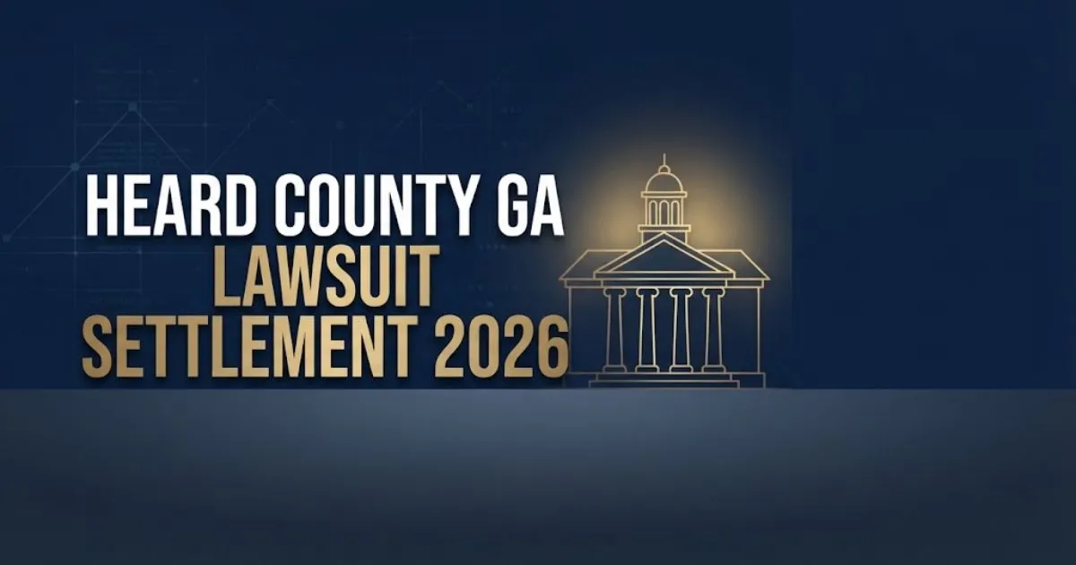 Editorial banner showing heard county ga lawsuit settlement 2026 headline with courthouse silhouette in navy and gold