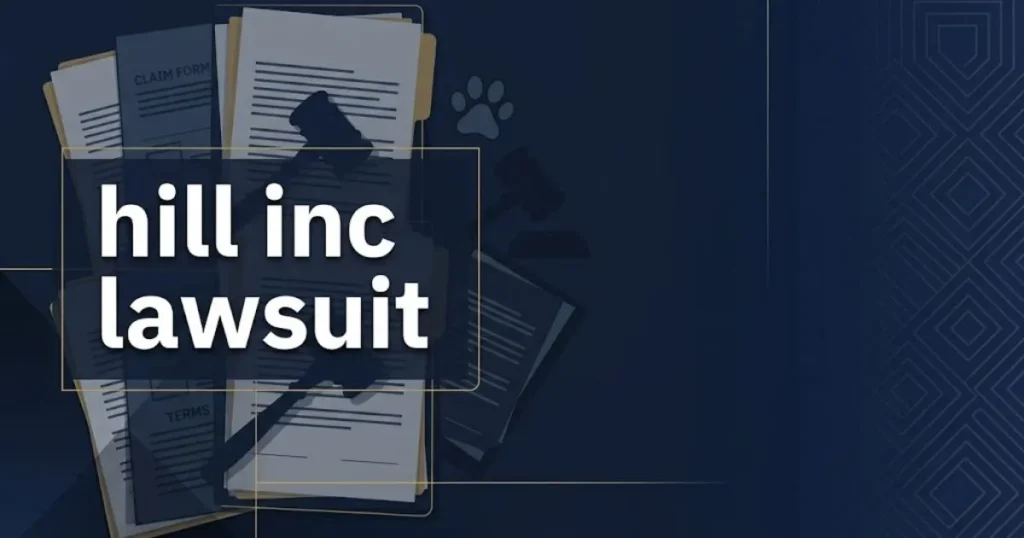 Editorial banner showing hill inc lawsuit headline with legal gavel and paw print icons on navy background