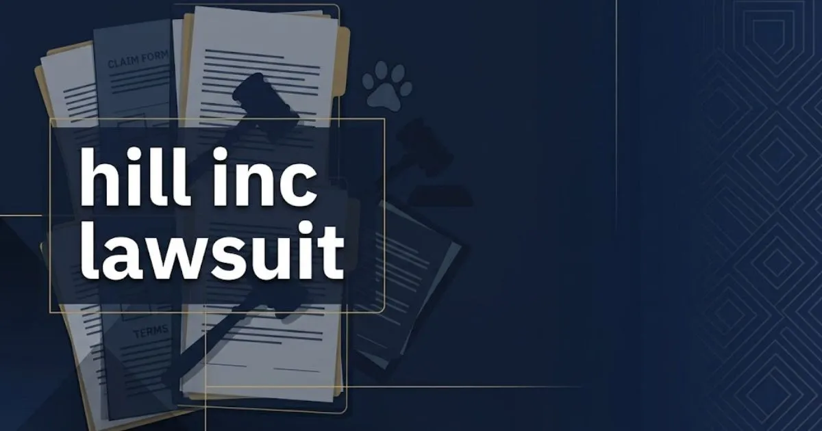 Editorial banner showing hill inc lawsuit headline with legal gavel and paw print icons on navy background