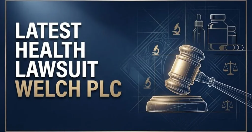 Editorial banner showing latest health lawsuit welch plc headline with supplement bottle silhouettes and gavel icon on navy background