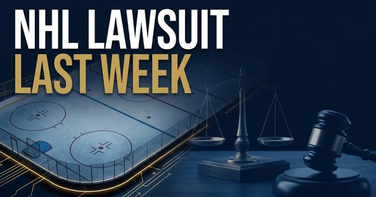 Editorial banner showing nhl lawsuit last week headline with hockey rink and legal scales on navy background