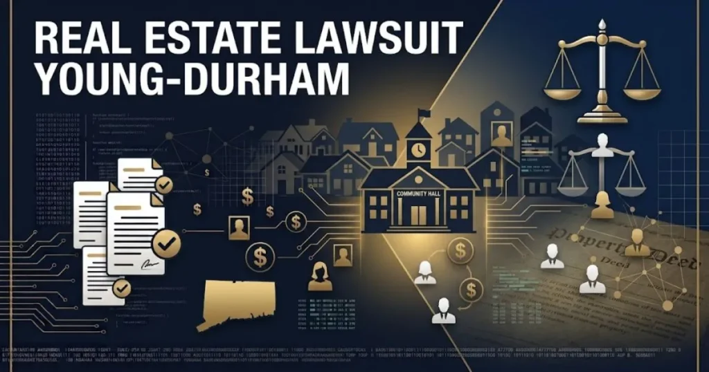 Editorial banner showing real estate lawsuit young-durham headline with housing silhouettes and justice scales on navy background