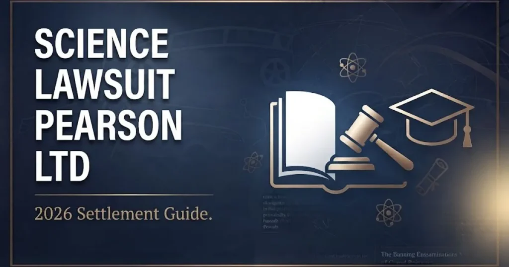 Editorial banner showing science lawsuit pearson ltd headline with legal and education icons on navy background