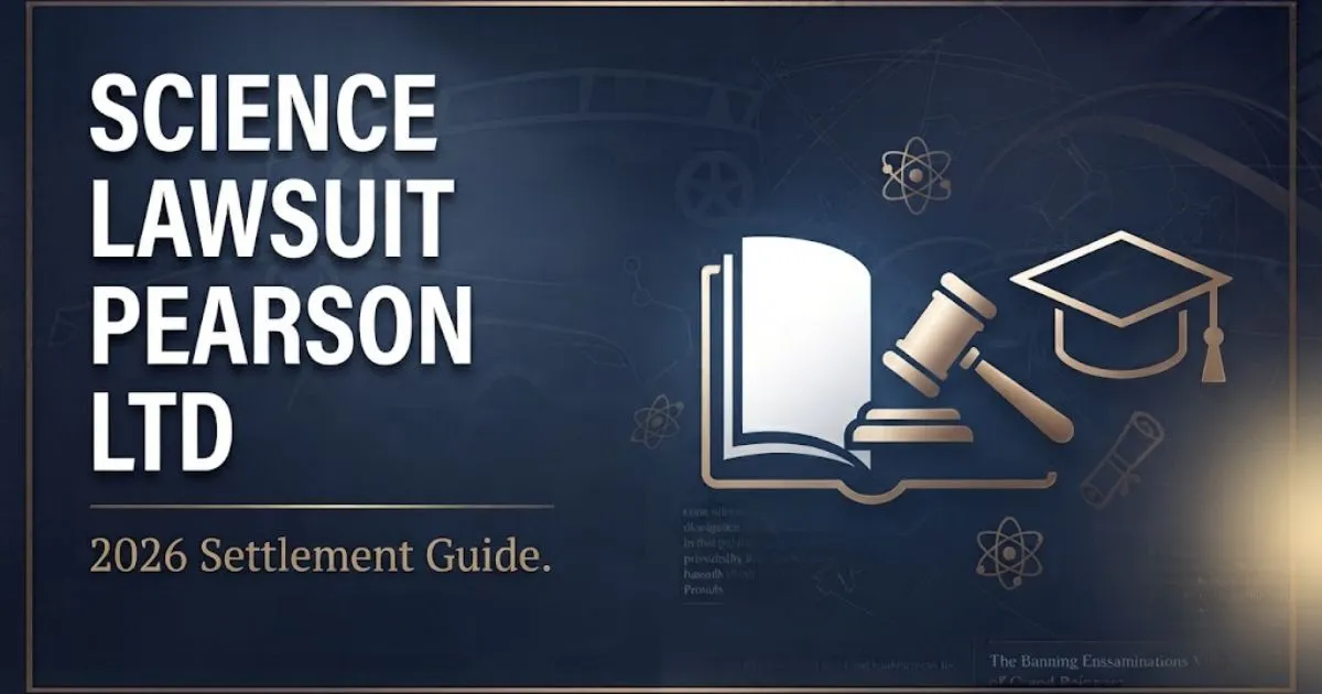 Editorial banner showing science lawsuit pearson ltd headline with legal and education icons on navy background