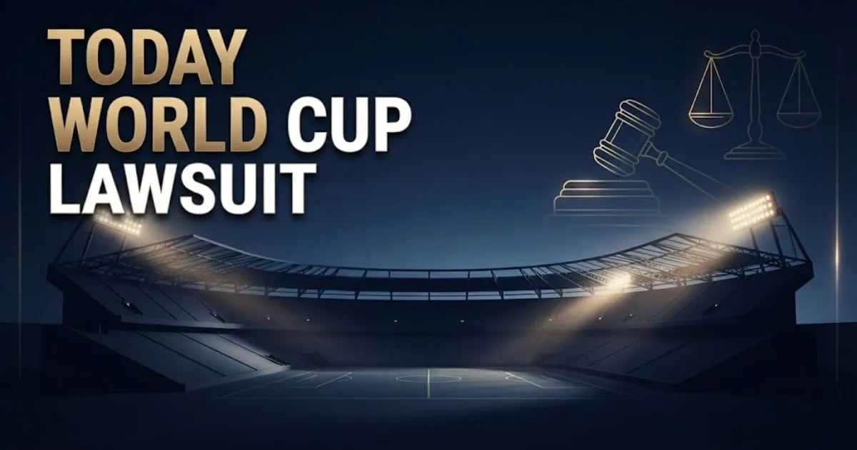 Editorial banner showing stadium silhouette with bold text reading today world cup lawsuit in white and gold on navy background
