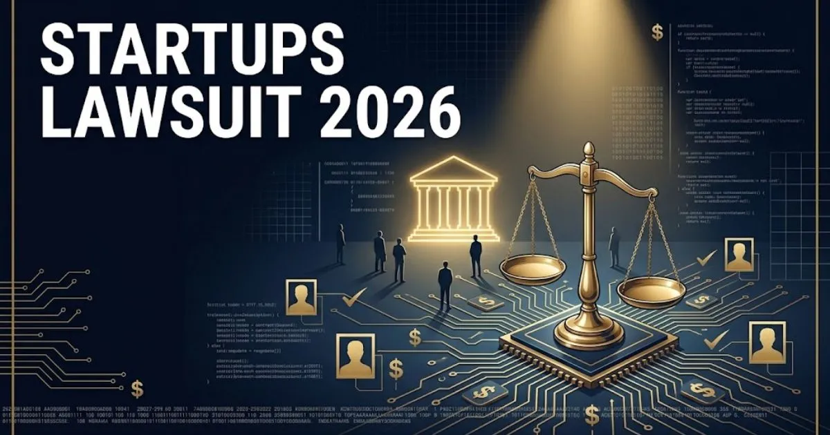 Editorial banner showing startups lawsuit 2026 headline with gold scales of justice and tech circuit patterns on navy background