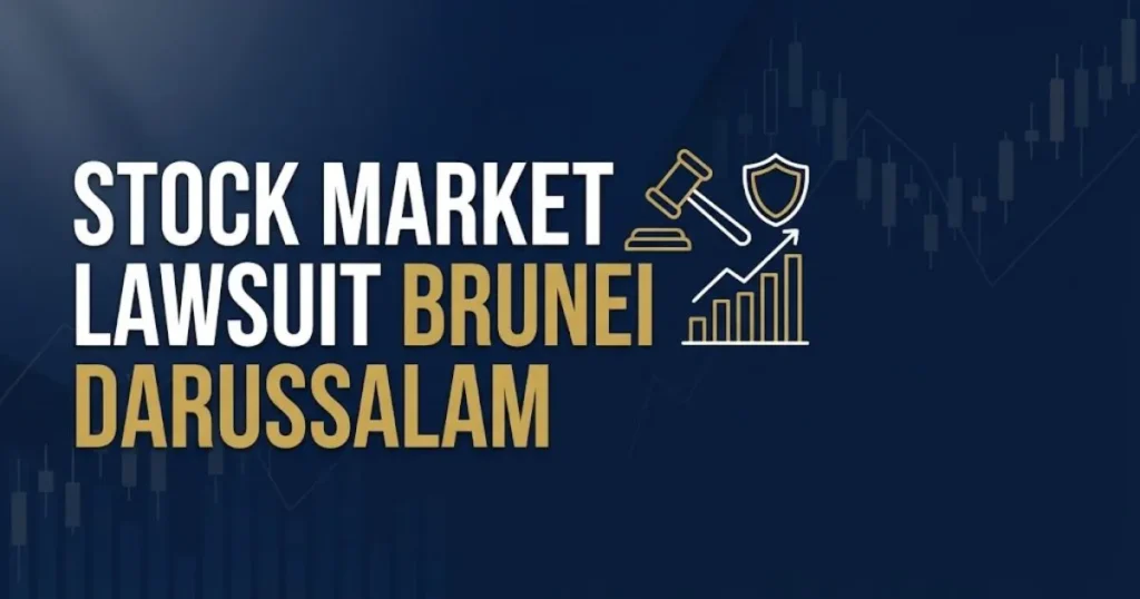 Editorial banner showing stock market lawsuit brunei darussalam headline with navy and gold legal finance design elements