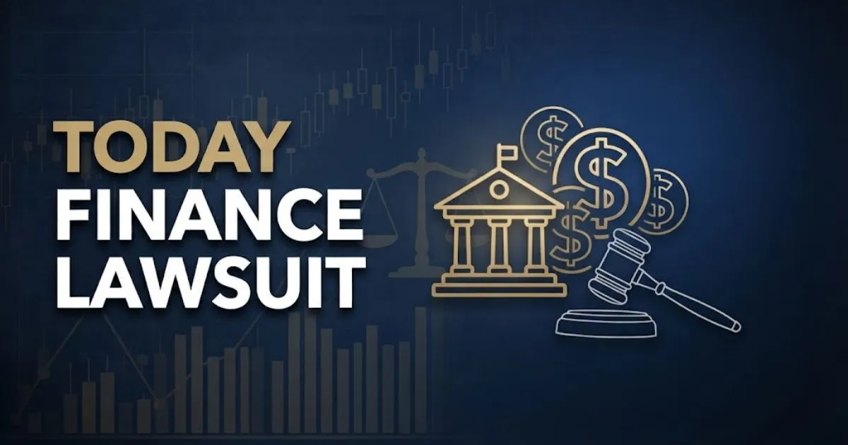 Editorial banner showing today finance lawsuit headline with legal and banking icons on navy background