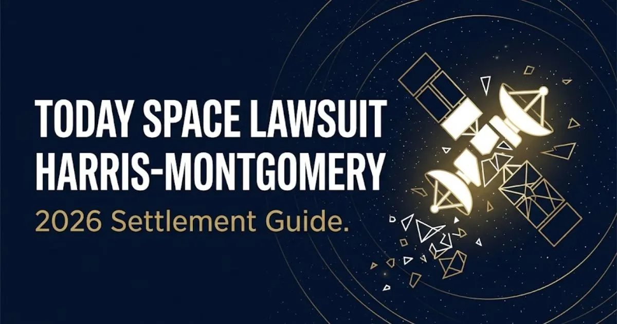 Editorial banner showing today space lawsuit harris-montgomery headline with satellite debris illustration on navy background