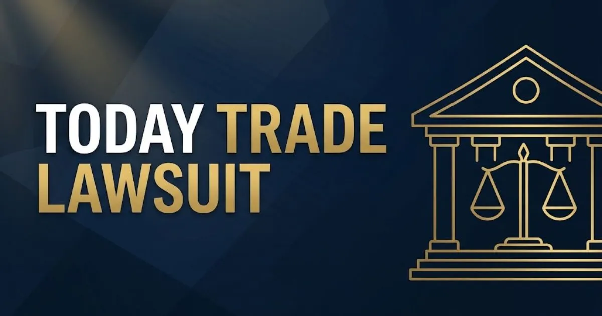 Editorial banner showing today trade lawsuit headline with gold courthouse silhouette on deep navy background (1)