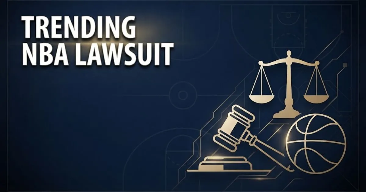 Editorial banner showing trending nba lawsuit headline with legal icons and basketball symbols on navy background