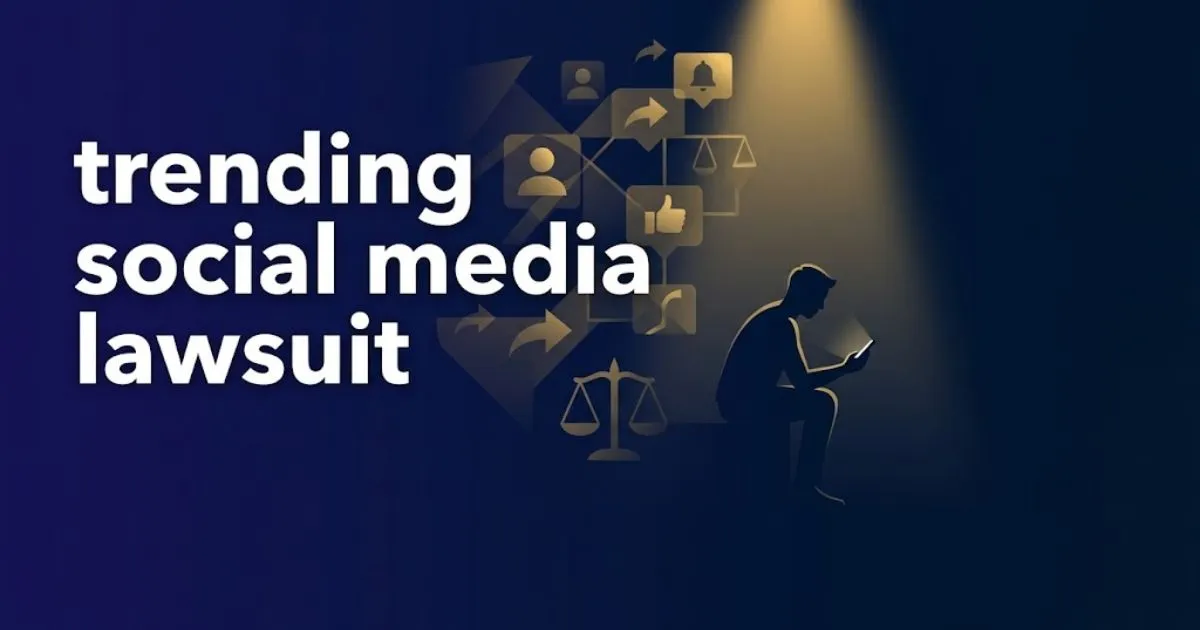 Editorial banner showing trending social media lawsuit headline with abstract legal symbols and silhouetted figure on dark navy background